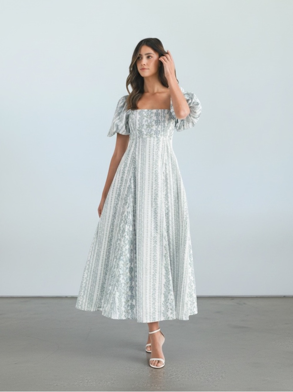 208. Square Neck Puff Sleeve Maxi Dress in Soft Blue Floral - Picture 2 of 3